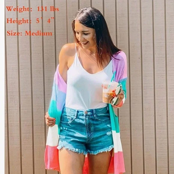 ECOWISH Rainbow 🌈 Block Striped Draped Open Front Cardigan L NWT - Picture 3 of 16